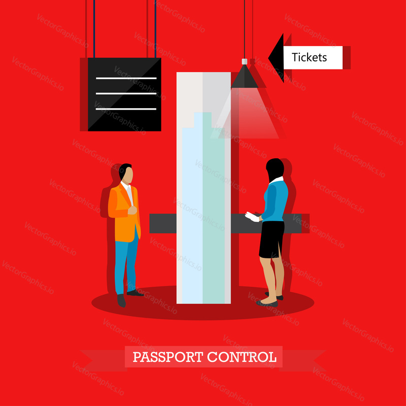 Vector illustration of passenger passing passport control at the airport in flat style. Airport security checkpoint.