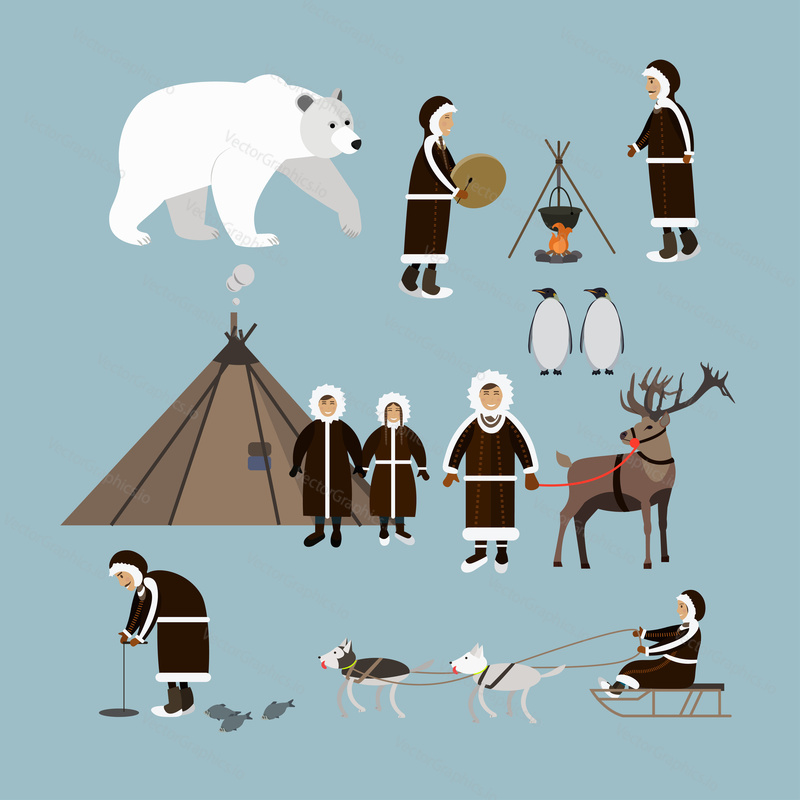 Vector set of wild north arctic people and animals icons isolated, flat style design elements. Eskimo characters fishing, cooking on the open fire, playing drum and dancing.