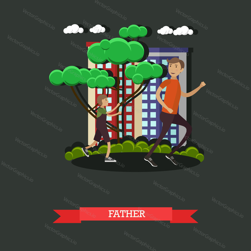 Vector illustration of father jogging with his son. Family concept design element in flat style.