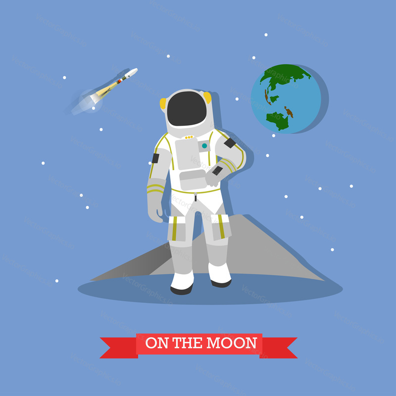 Vector illustration of astronaut walking on the Moon surface. Rocket launch, planet Earth. Moon exploration concept design element in flat style.