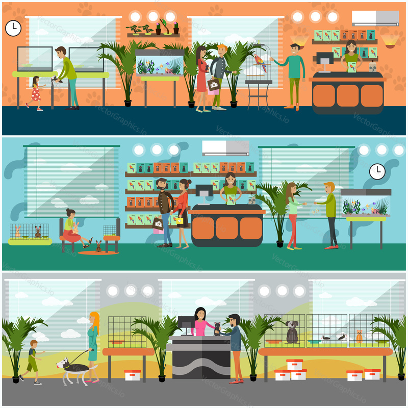 Vector set of pet shop concept posters, banners. Saleswoman, animals and people buying pets and food for them. Flat style design elements.