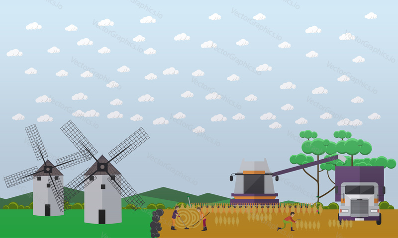 Vector illustration of people and agricultural machinery working on field. Two mills, combine harvester, truck, round bales of hay. Wheat harvesting concept design element in flat style