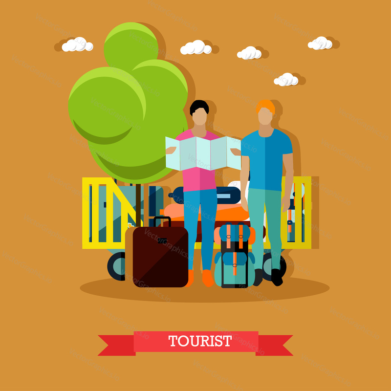 Vector illustration of tourists with baggage after arrival. One tourist is looking at map. Travel by air concept design element in flat style.