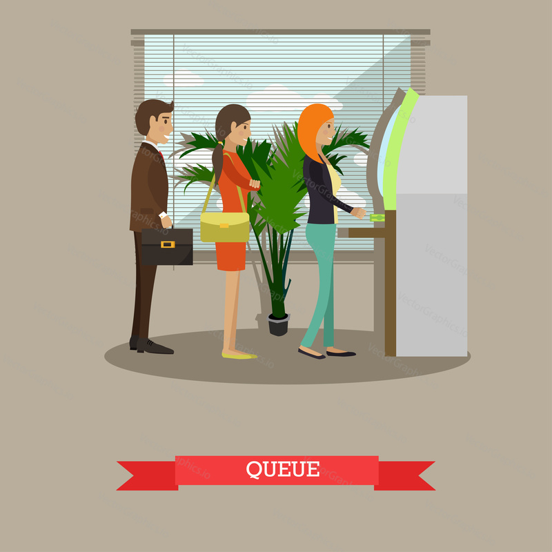 Vector illustration of people waiting in line for cash money. Queue, ATM, cash dispenser. Banking and technology concept design element in flat style