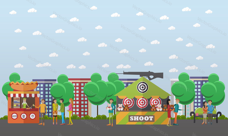 Vector illustration of amusement park concept design element with shooting range attraction, street food, hot dog stall and people sellers and buyers. Cartoon characters, flat style.
