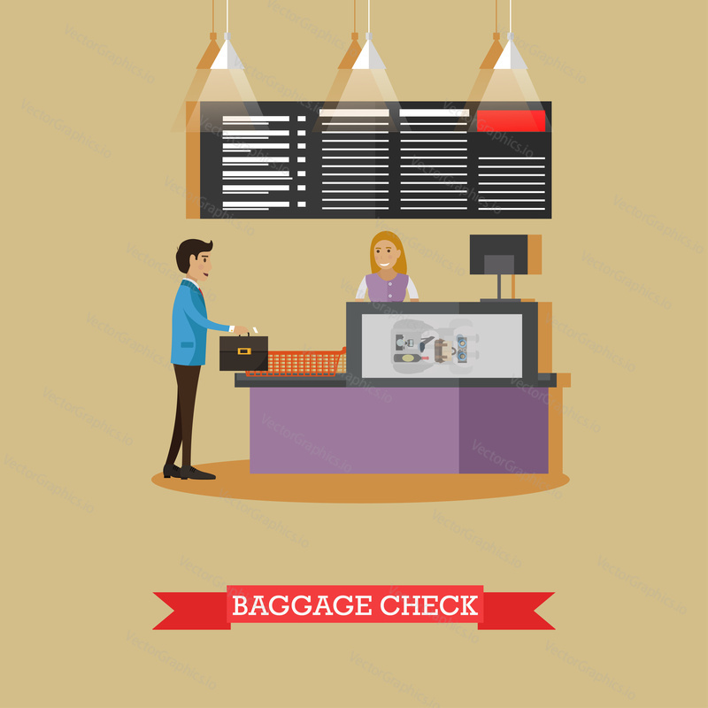 Airport baggage check concept vector illustration in flat style. Airport terminal, security checkpoint design element.