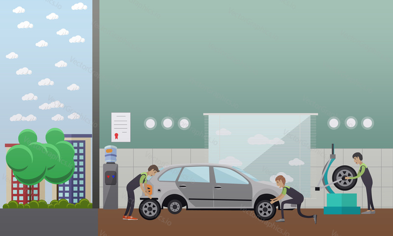 Tire change, auto service concept vector illustration. Workers changing auto wheel tires, flat style design elements.