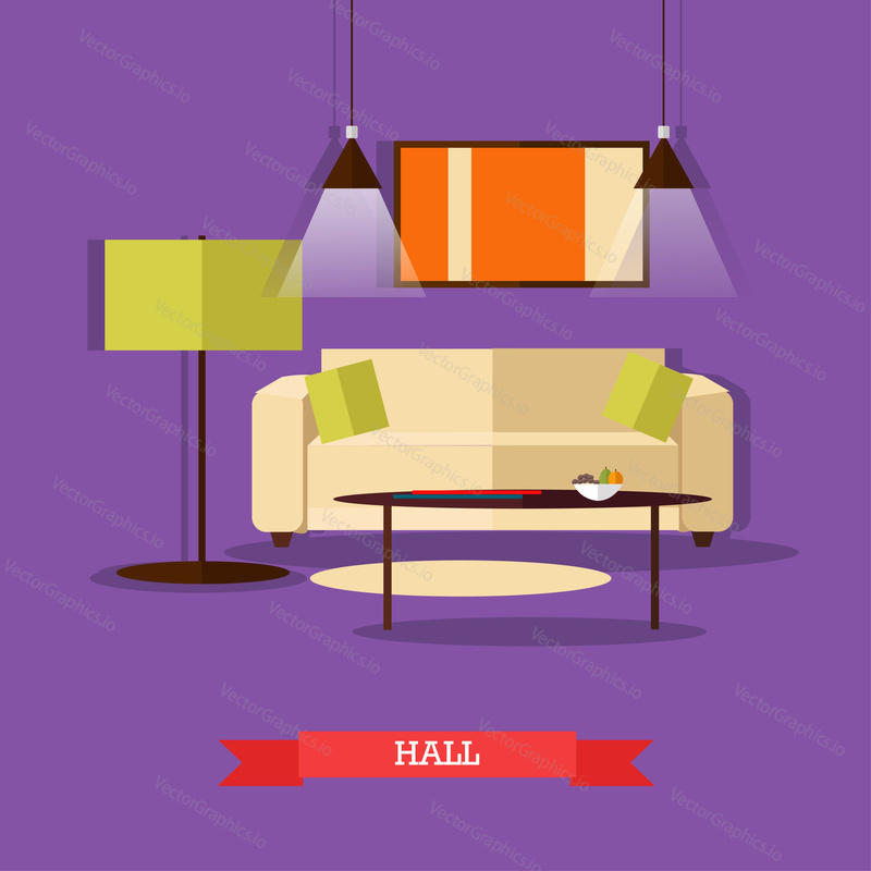 Vector set of posters, banners with home interior design elements in flat style. Place to rest, hall, home