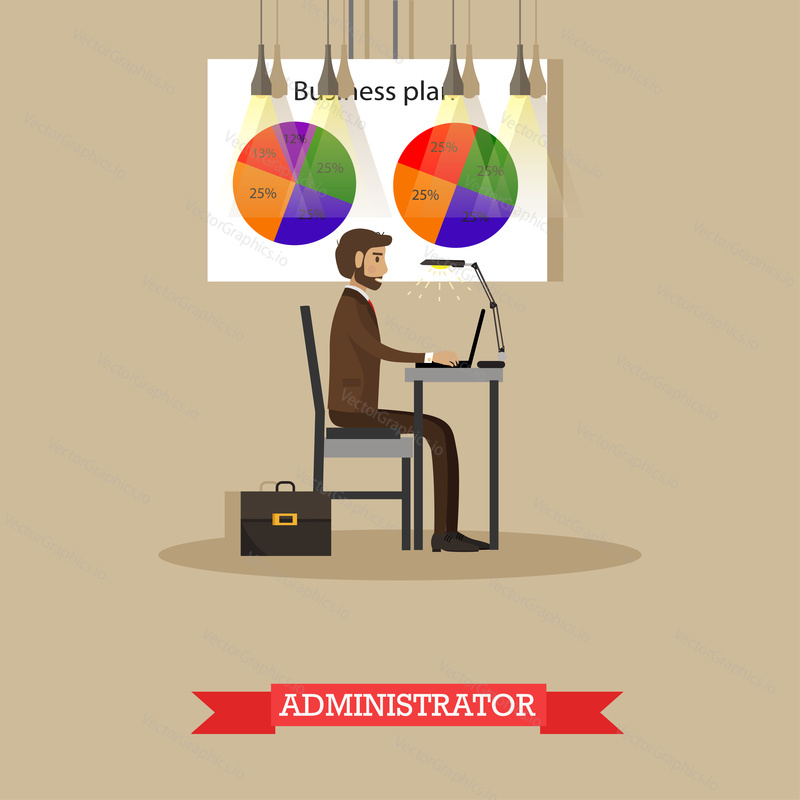 Company administrator work with computer in office. Business plan and market share pie chart. Vector poster in flat style.