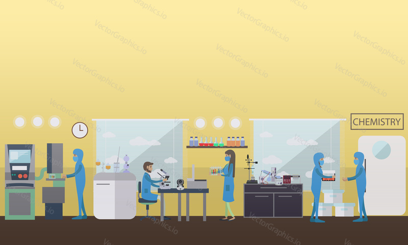 Chemistry concept vector illustration in flat style. Laboratory interior, chemists testing chemical elements using lab equipment and glassware.
