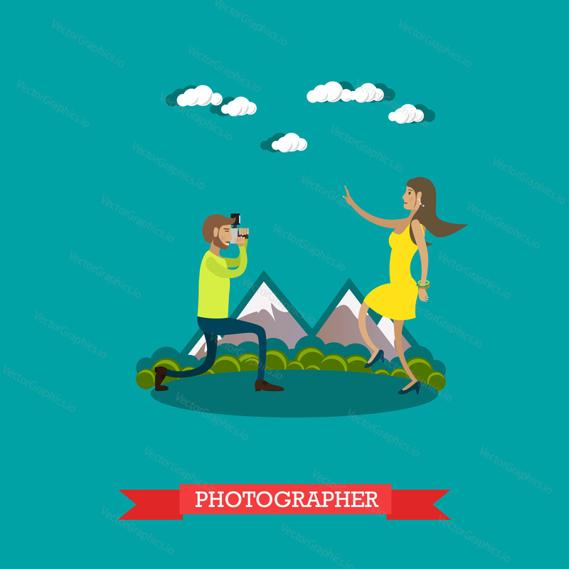 Vector illustration of photographer taking photo of young woman. Camera operator, correspondent character in flat design.