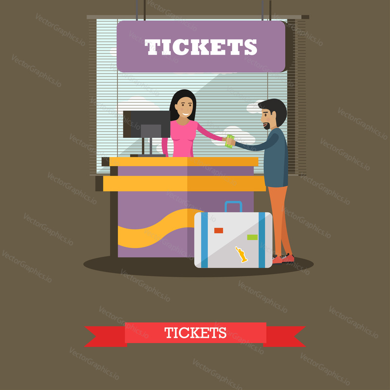 Airport ticket counter concept vector illustration in flat style. Ticket agent and passenger characters.
