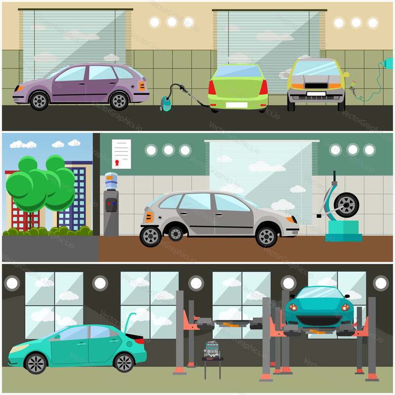 Vector set of car service station, repair shop interior concept posters, banners. Flat style design elements.