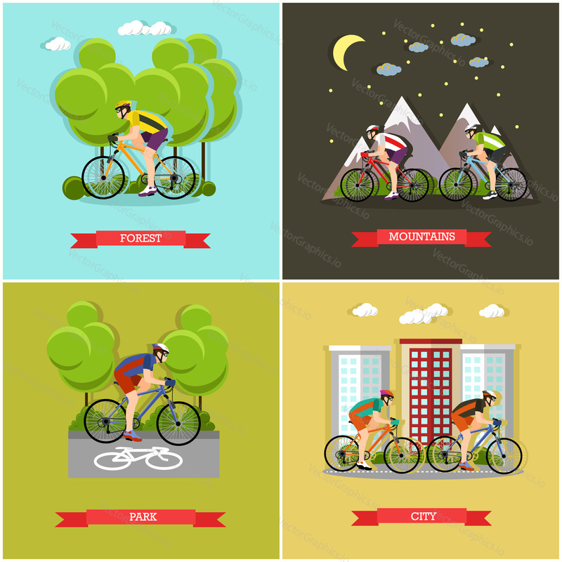 Vector set of places where you can ride bike. City, forest, park and mountains cycling. Active lifestyle. Flat design