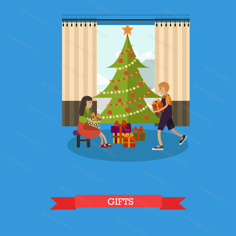 Vector illustration of happy children with gifts which they have found under christmas tree with decorations. Home interior. Merry Christmas and Happy New Year design element in flat style.