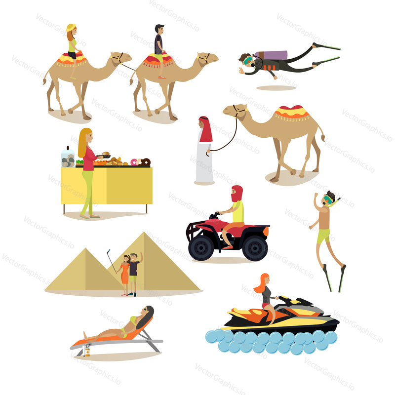 Vector set of people having rest in Egypt isolated on white background. Travelers sunbathing, scuba diving, taking selfie, riding camel, quad bike and water scooter, smorgasbord flat style icons.