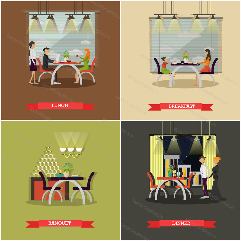 Vector set of posters with people in cafe and restaurants. Lunch, breakfast, dinner.
