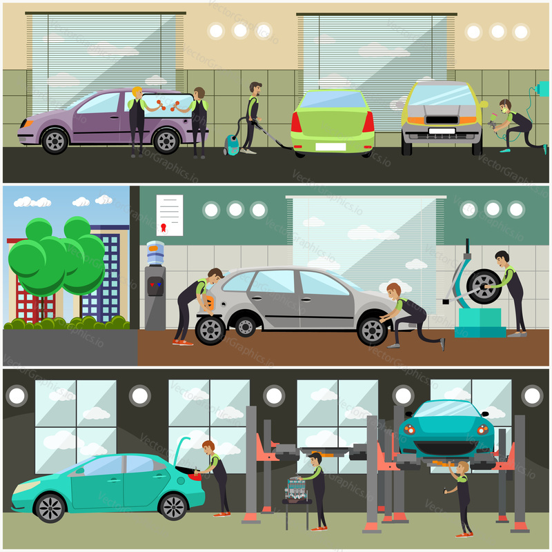 Vector set of car service, auto repair concept posters, banners in flat style. Workers repairing and changing auto spare parts, tires. Service station or repair shop interior.