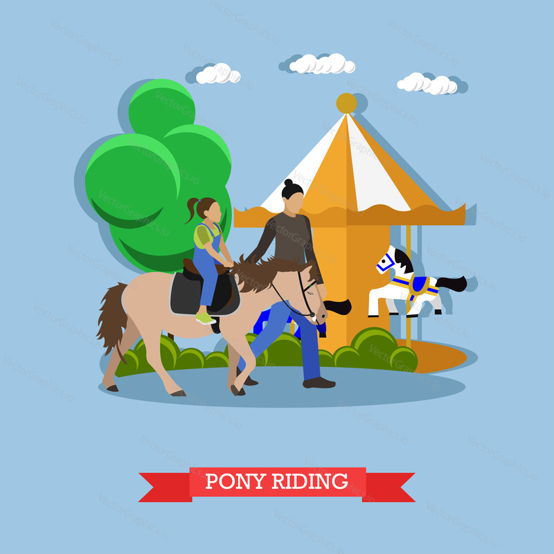 Hostler teaches children to ride pony at amusement park. Behind them is a large childrens carousel. Vector illustration in flat design