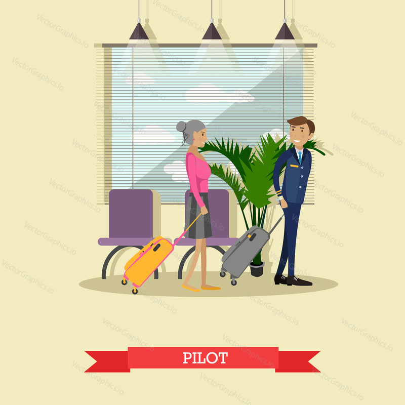 Vector illustration of pilot with baggage. Airline staff concept design element in flat style.