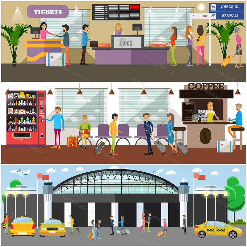 Vector set of airport concept posters, banners. Airport terminal, cafe, convenient waiting hall, exterior, taxi and passengers design elements in flat style.