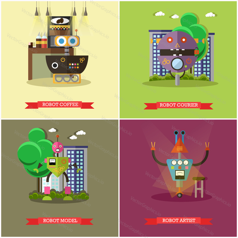 Vector set of cool robots. Robot coffee, courier, model and artist design elements, icons in flat style. Technology concept.