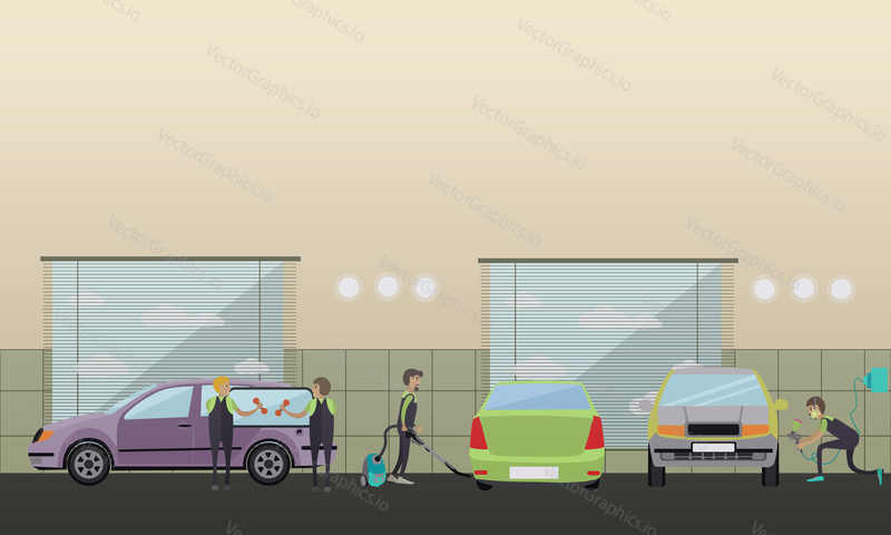Car service, machine repair concept vector illustration in flat style. Workers repairing and cleaning automobiles.