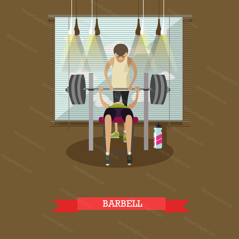 Bench press using a barbell. Man working out in a gym. Healthy lifestyle concept vector illustration in flat style. Fitness and sport equipment.