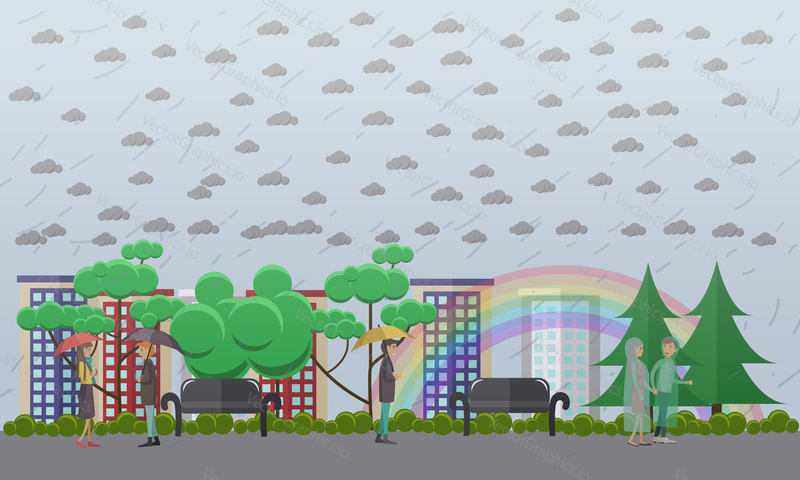 Wet, rainy weather concept vector illustration. People walking in the rain in raincoats and with umbrellas, rainbow. Flat style design.
