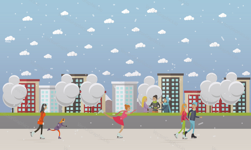 Vector illustration of people skating at ice rink. Cartoon characters, cityscape. Winter sports and activities concept design element in flat style.