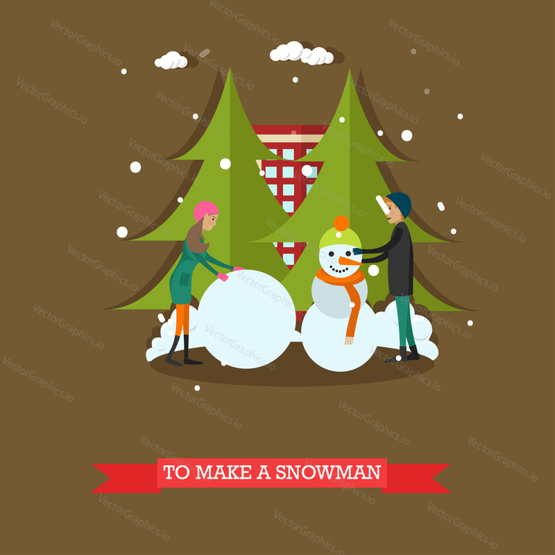 Vector illustration of boy and girl making snowman. Winter people activities concept design element in flat style.