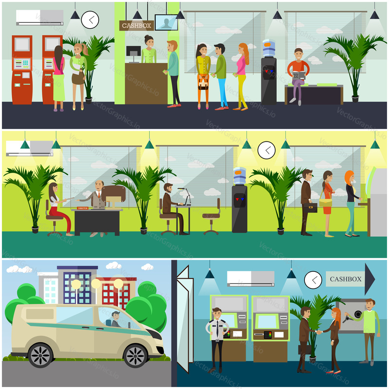 Vector set of banking concept design elements in flat style. Cashbox, waiting hall, bank employees workplaces, safe, self-service terminal, ATM. Bank staff, security guard, collector, customers.