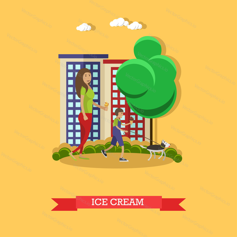 Vector illustration of mother with her son eating ice cream cones. Little boy walking dog. Cartoon characters. Amusement park, recreation concept design element in flat style.