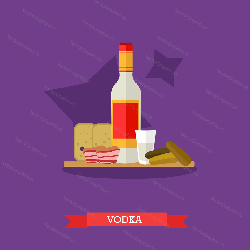 Vector illustration of vodka bottle and shot with appetizer, snack. Bread, pickled cucumbers and lard on cutting board. Popular alcoholic beverage in Russia. Flat design
