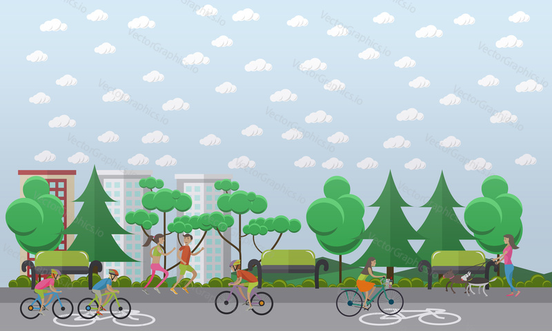 Vector illustration of young people riding bicycles in the park. Bike path concept design element in flat style.