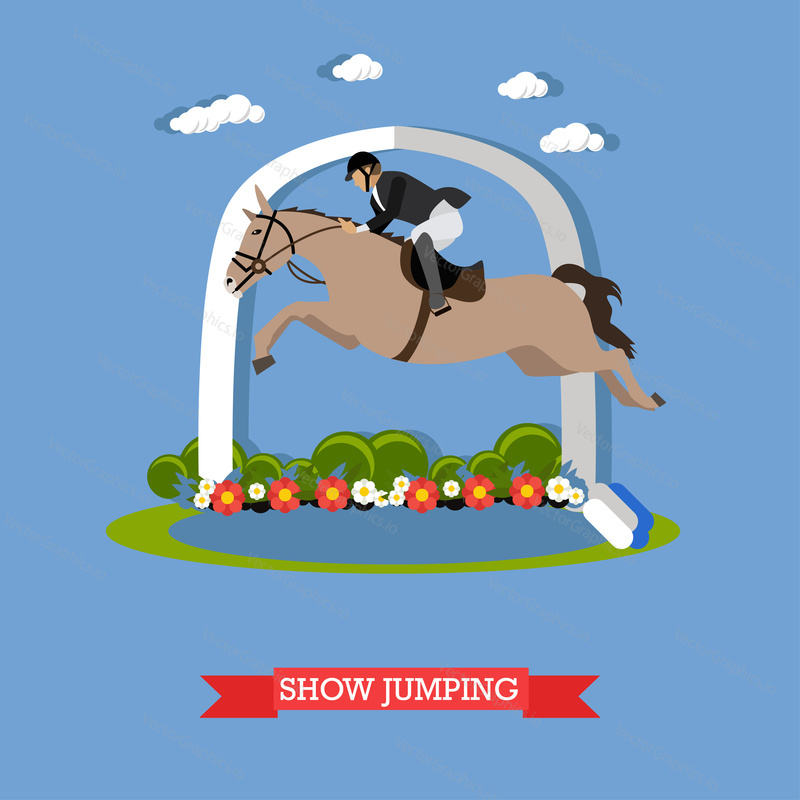 Vector illustration in flat design, the jockey in a special suit, accomplishes high jump on a horse. Equestrian sport, showing skills.