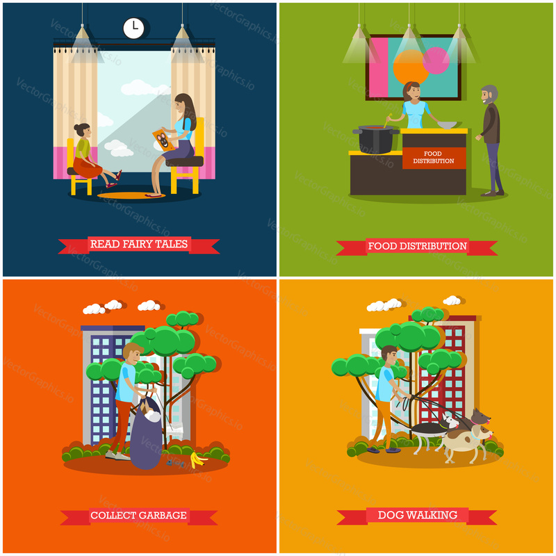 Vector set of voluntary organization services concept posters, banners. Read fairy tales, Food distribution, Collect garbage, Dog walking design elements in flat style.