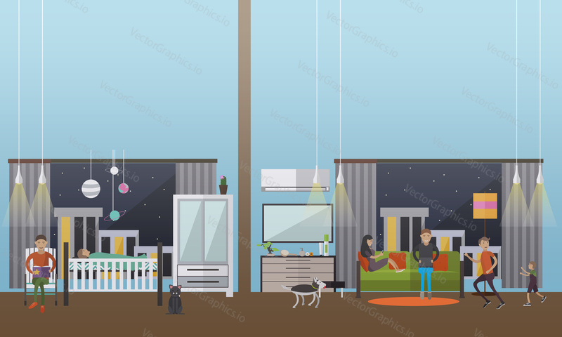 Vector illustration of nursery and family characters taking rest. Father reading his little child fairy tales at night. Family concept design element in flat style.