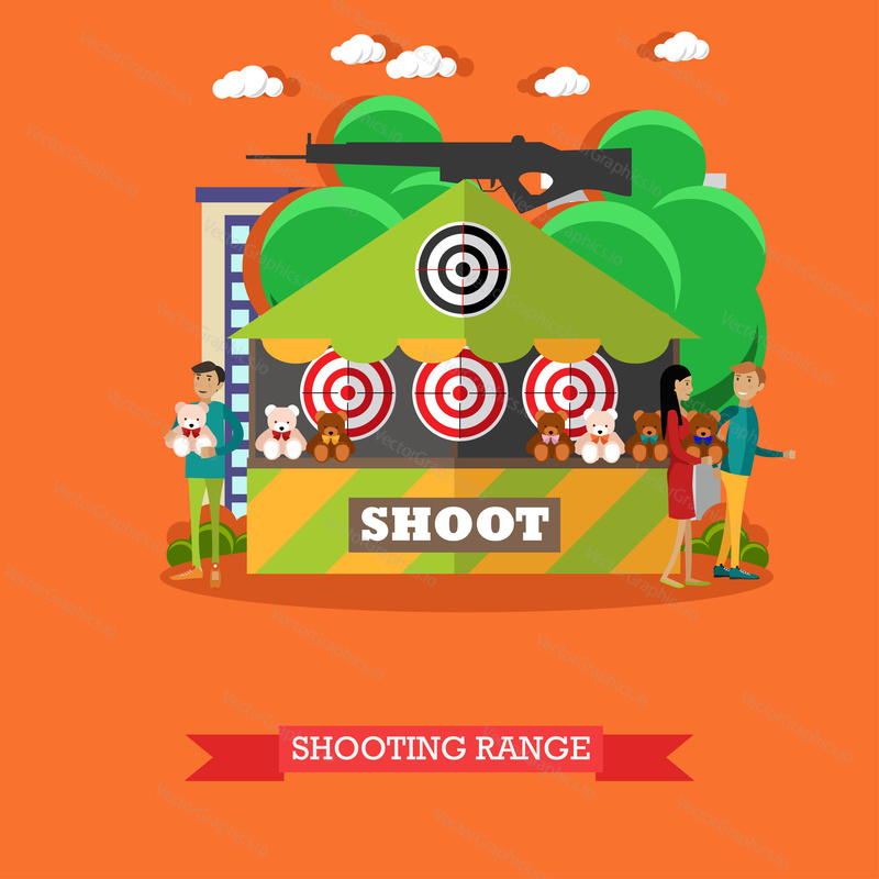 Vector illustration of shooting range attraction. Cartoon characters. Amusement park concept design element in flat style.