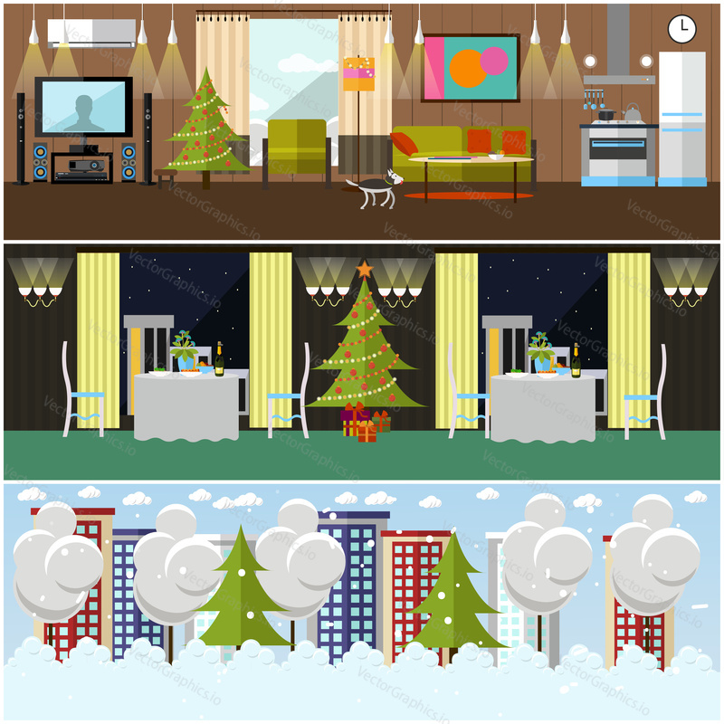 Vector set of banners with home, restaurant interiors and winter cityscape with snowy street concept design elements. New Years and Christmas interior concept in flat style.
