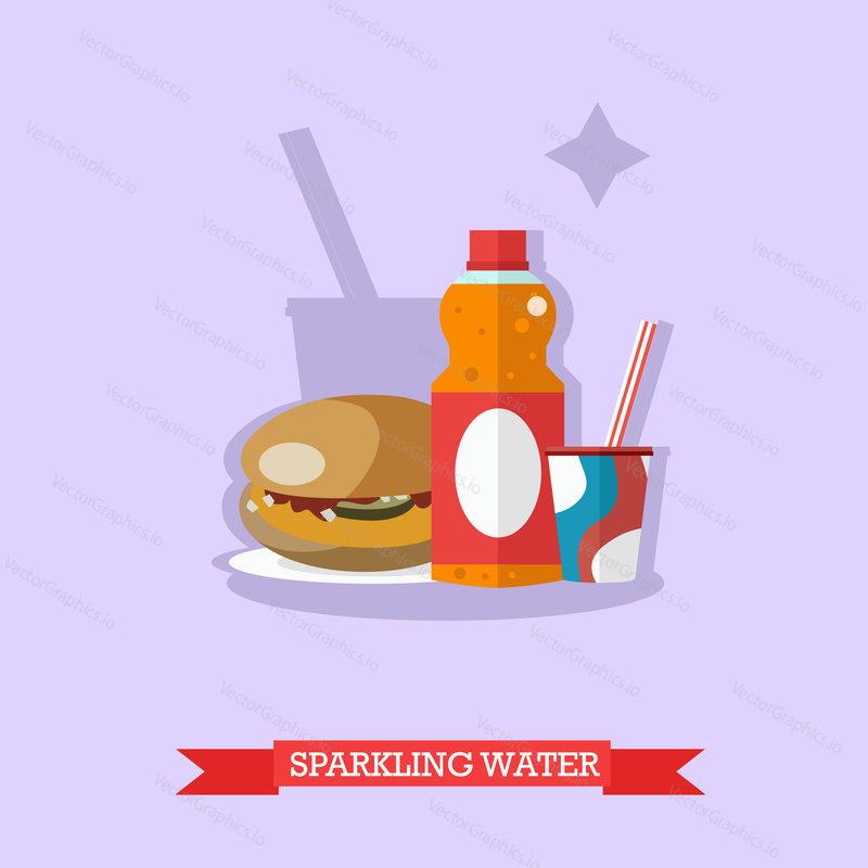 Vector illustration of fizzy drinks. Orange soda in the bottle and sweet soda in paper cup with hamburger near. Popular nonalcoholic beverage. Flat design