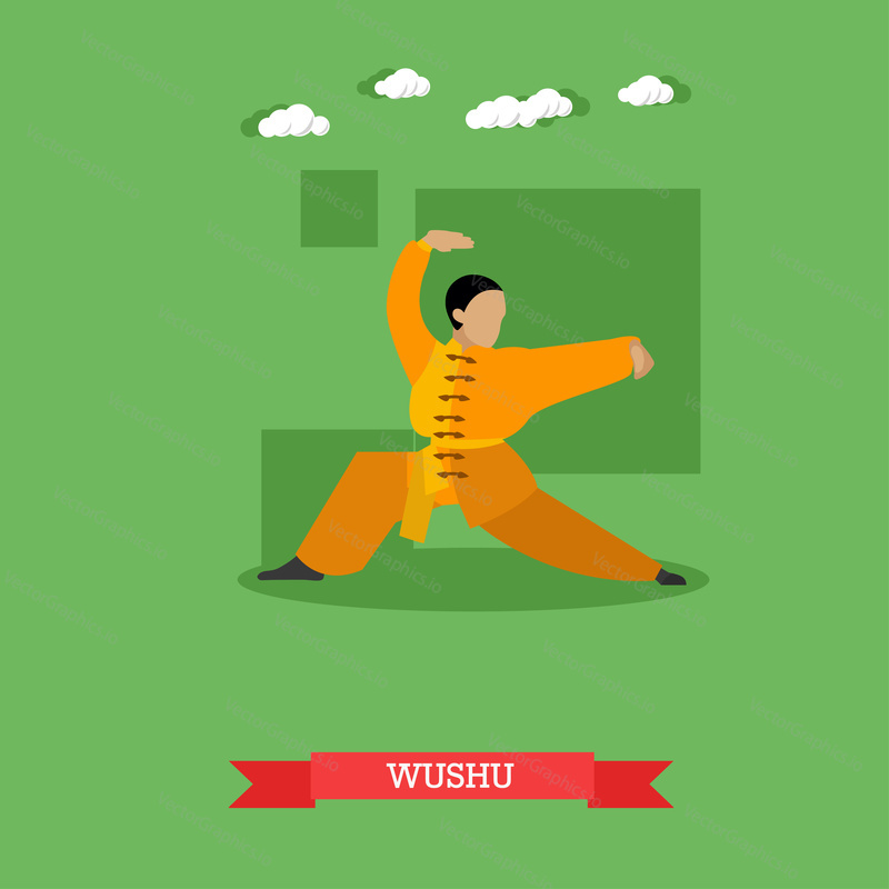 Wushu fighter shows his skills. National martial art from China. Vector illustration in flat design