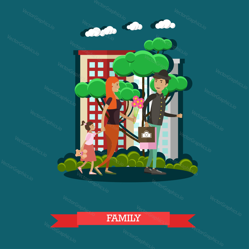 Vector illustration of father, mother with their daughter walking in the park. Family concept design element in flat style.