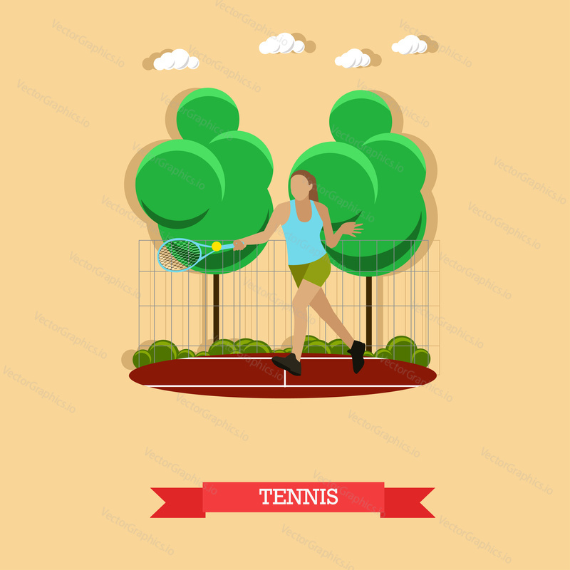 Vector illustration of female tennis player do forehand on the outdoor court. Sportswoman trains strokes with a tennis racket and ball. Active lifestyle. Flat design