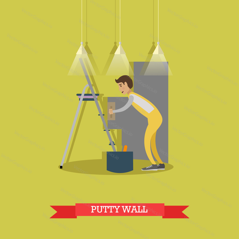 Vector illustration of worker puttying wall. Plasterer profession, building and repairing a house concept vector illustration in flat style.