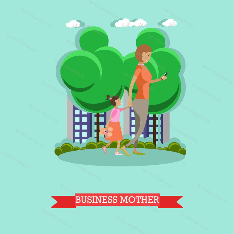 Vector illustration of mother walking in the park with her daughter. Woman making use of cell phone or smart phone. Business mother and modern gadgets concept design element in flat style.