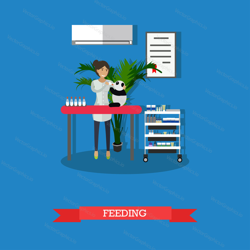 Vector illustration of vet woman feeding little panda in clinic. Vet clinic services concept design element in flat style.