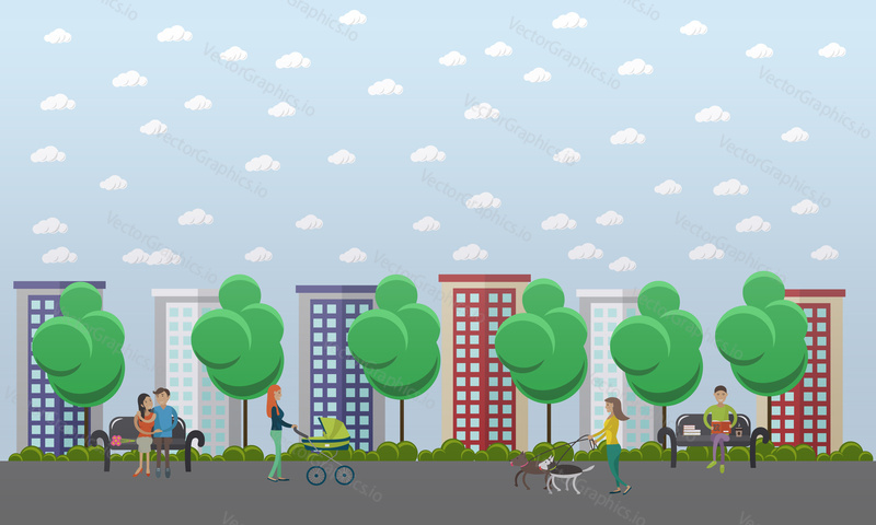 Walk in the park concept vector illustration. People walking dogs, sitting on bench, walking with baby. Flat style design.