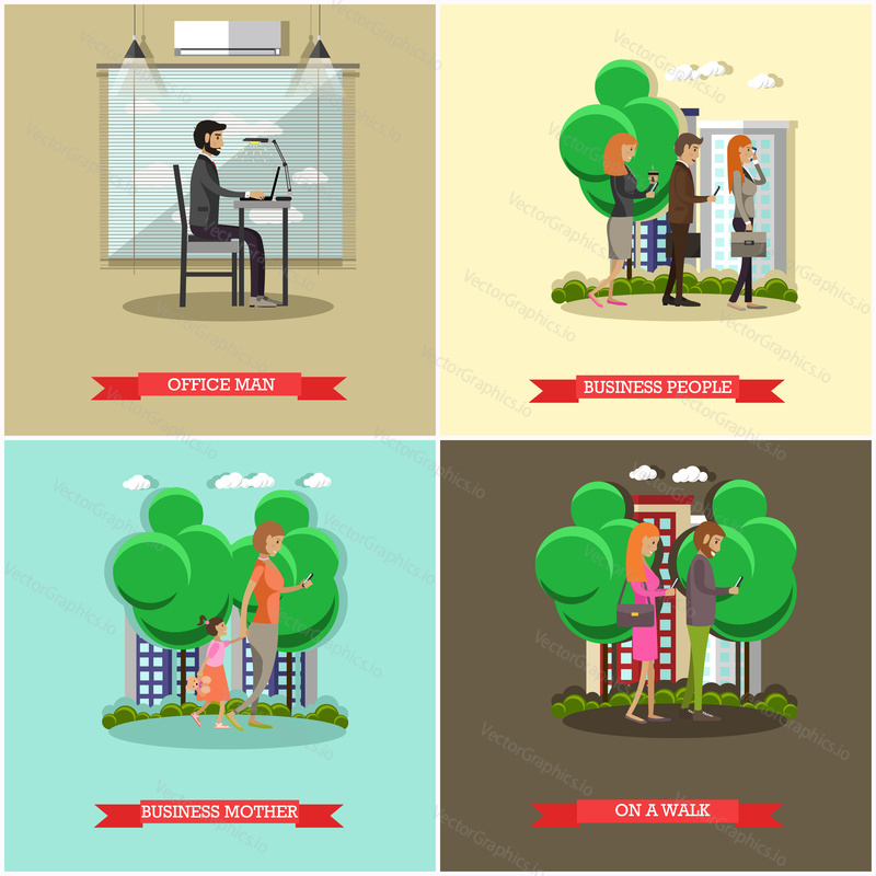Vector set of modern gadgets for daily life concept posters, banners. Office man, Business people, Business mother, On a walk design elements in flat style.