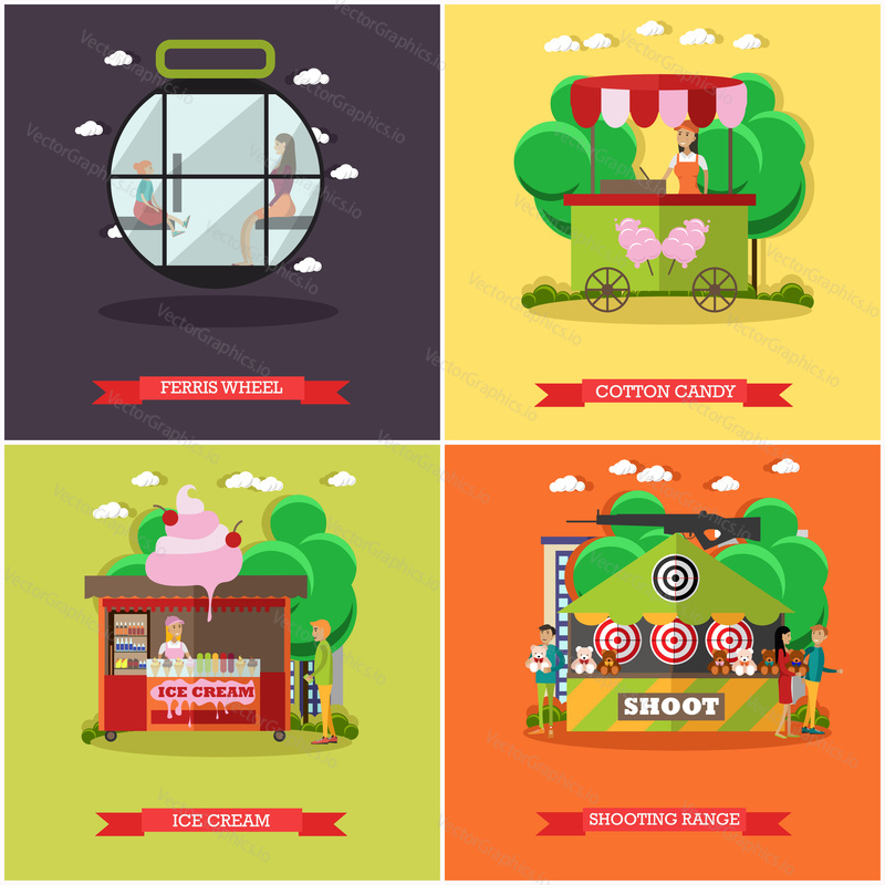 Vector set of amusement park concept posters, banners. Ferris wheel, Cotton candy, Ice cream and Shooting range design elements in flat style.
